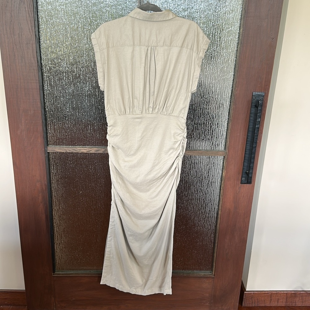 Anthropologie Tan Ruched Maxi Dress with Mandarin Collar size Mefium - Picture 7 of 12